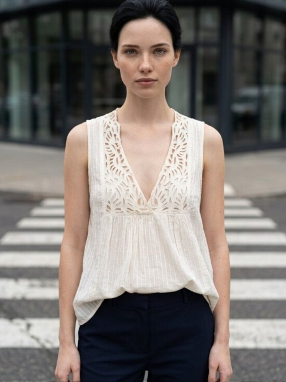 Kas New York SZ M 100% Cotton Ivory Sleeveless V-Neck Eyelet Cut Out Tunic NWOT